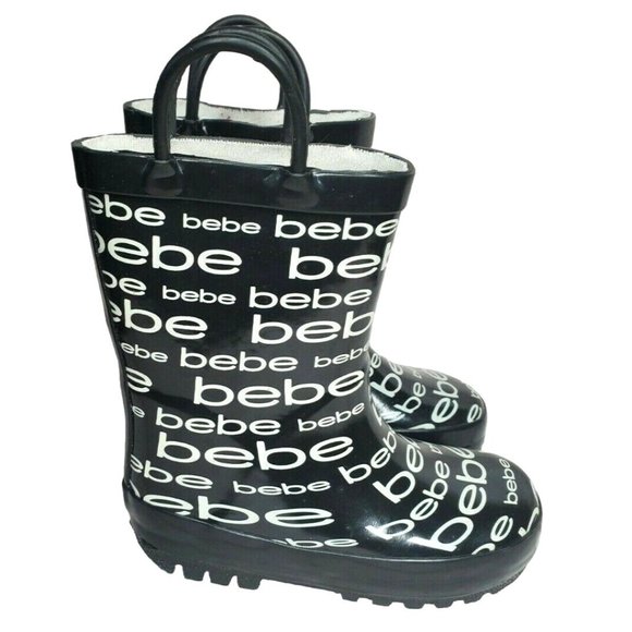 Girls Designer BeBe Graphics L 9/10 25 #121229 Black And White Rain Boots - Picture 1 of 12
